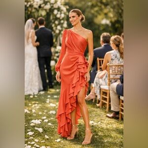 B1 Mac Duggal Orange Satin One Shoulder Gown 10 Ruffle Formal Gala Prom Wedding